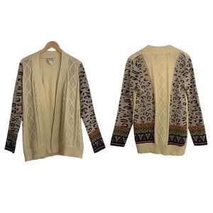 Flying Tomato Cardigan Sweater Ivory Aztec Tribal Leopard Mixed Print Open Sz L